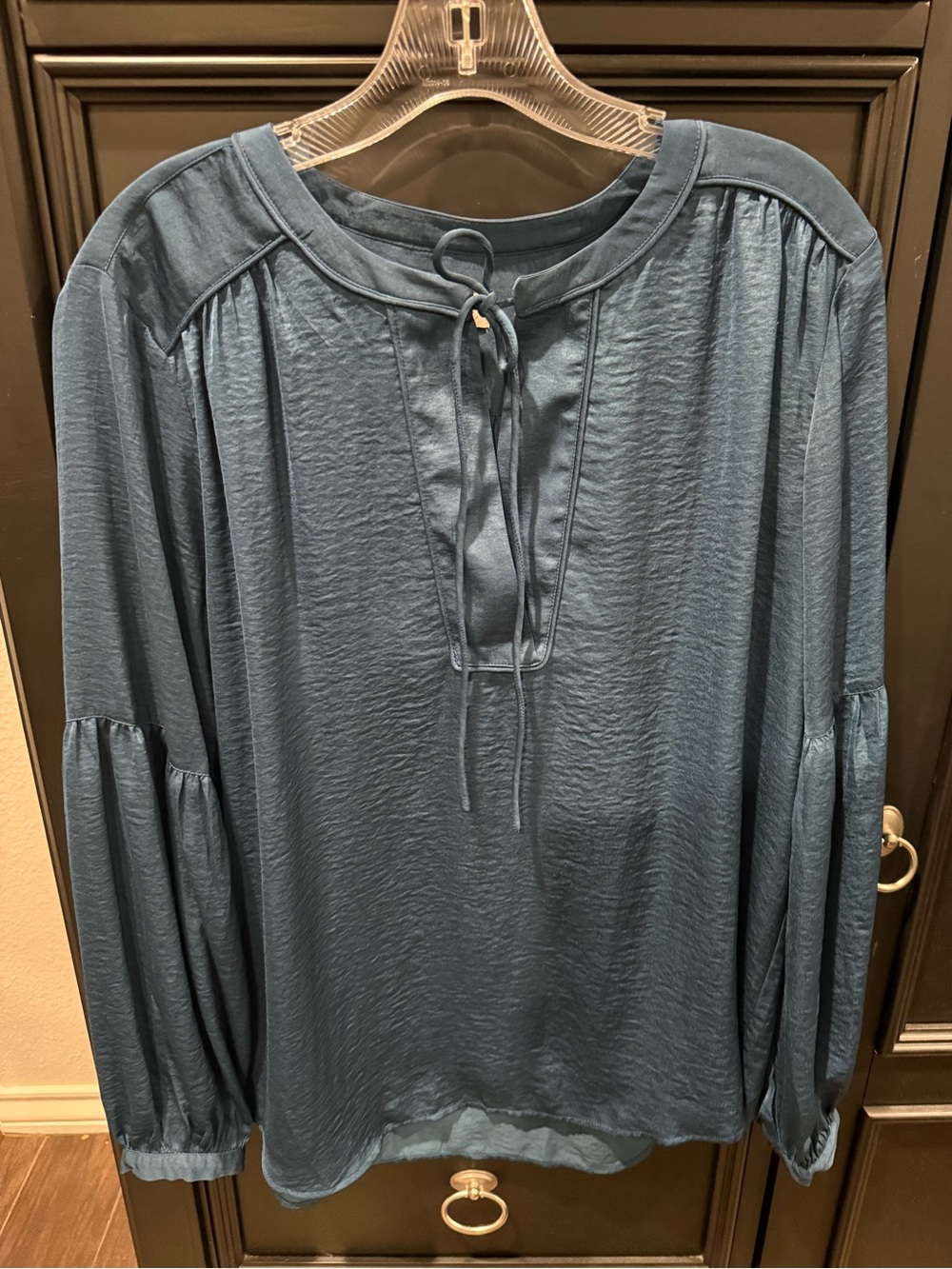LOFT Teal-Blue Long Sleeve Tie-Neck Shirt